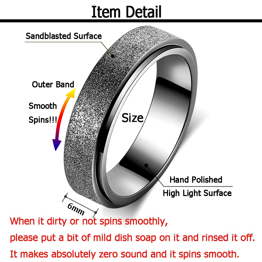 Anxiety Ring for Women Fidget Spinner Ring Fidget Toys Adults Titanium Stainless Steel Thumb Ring 6mm Wide Black Size 7