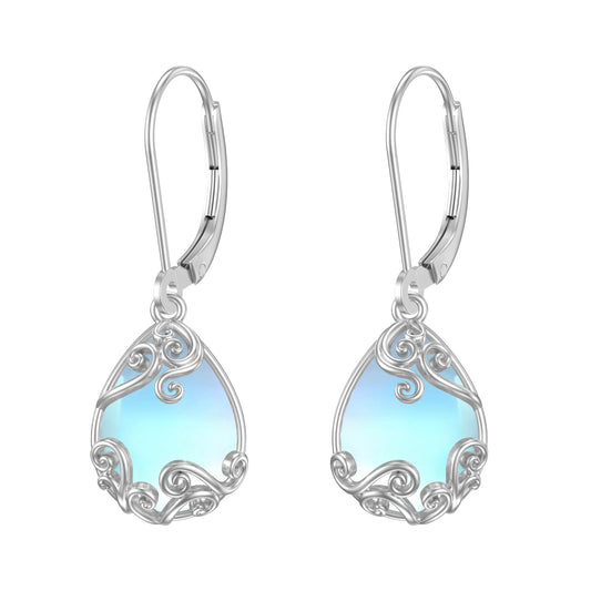 KoyeKei Filigree Moonstone Leverback Earrings for Women 925 Sterling Silver Moonstone Teardrop Dangle Drop Earrings Jewelry Filigree Anniversary Graduation Gifts for Girlfriend Her Lover