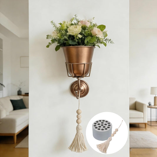 WRYLCYH Wall Vase Metal Wall Planter with Hook, Indoor Outdoor Wall Plant Holder for Live or Artificial Flowers, Space Saving Wall Decor with Flower Stem Holder and Tassel Charm