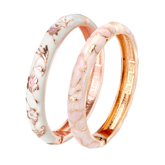 UJOY Elegant Bracelet Enameled Jewelry Spring Hinge Metal Cuff Cloisonne Rose Gold Bangles Set Gift Box Packed 55A45-55A81 Pink White