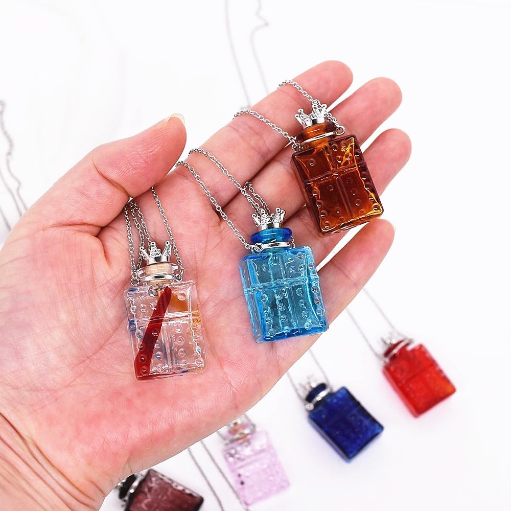 CoolDIY Handcrafted Glaze Glass Square Refillable Essential Oil Necklace Pendant - Aromatherapy Perfume Diffuser Pendant with Stainless Steel Chain (Purple)