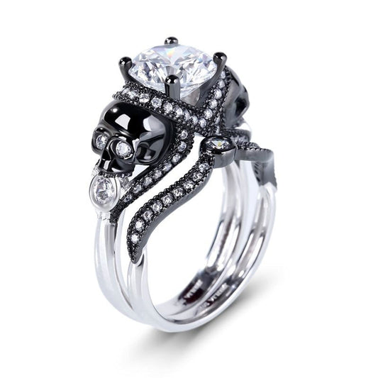 Jeulia 4.97 Carat Twist Skull Rings for Women Two Tone Round Cut Sterling Silver Two Tone Twist Band Rings White Diamond Bridal Ring Set Black Plated Engagement Promise Rings with Jewelry Gift Box,