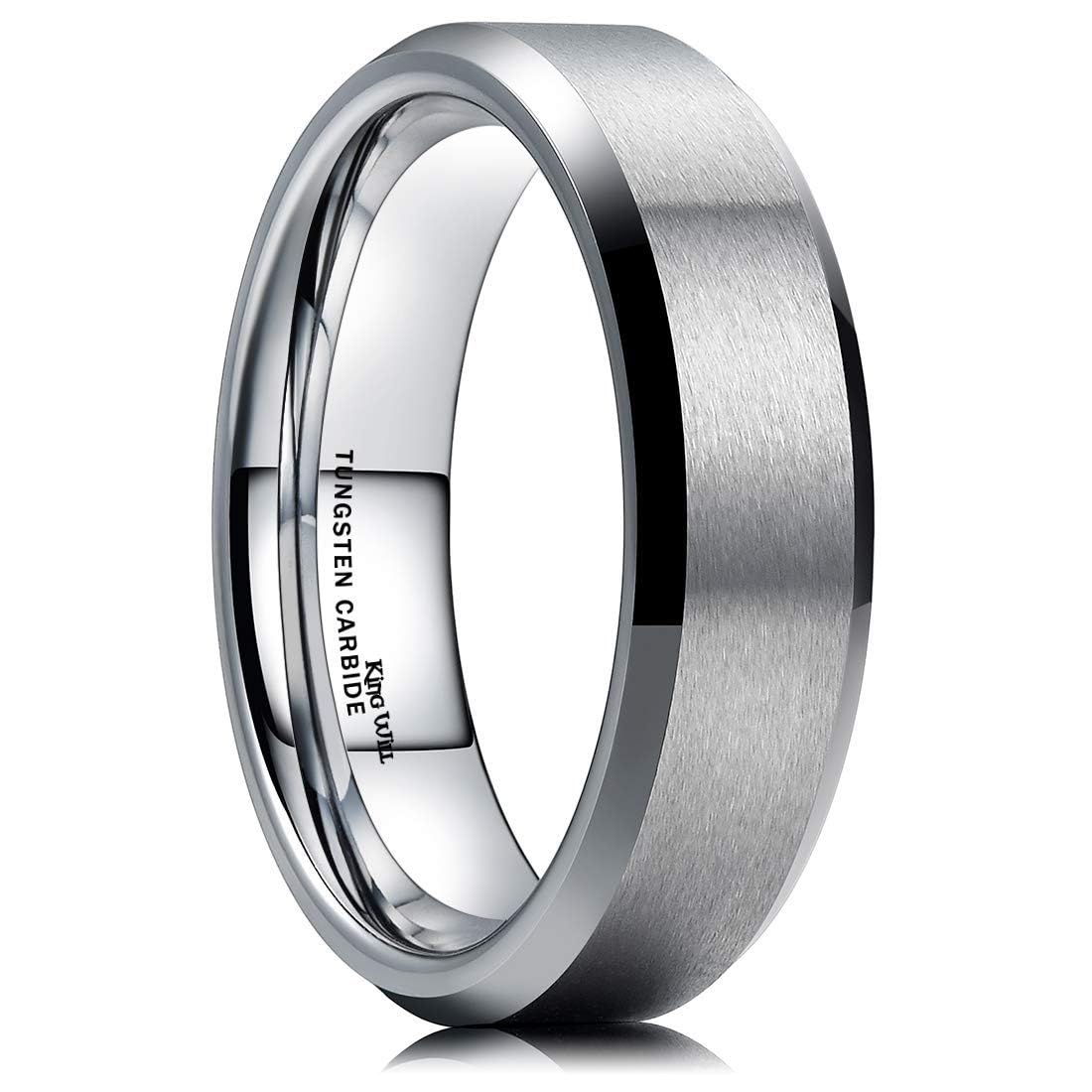 King Will 6mm Men's Silver Wedding Ring - Brushed Matte Surface, Beveled Polished Edge, Comfort Fit Size16