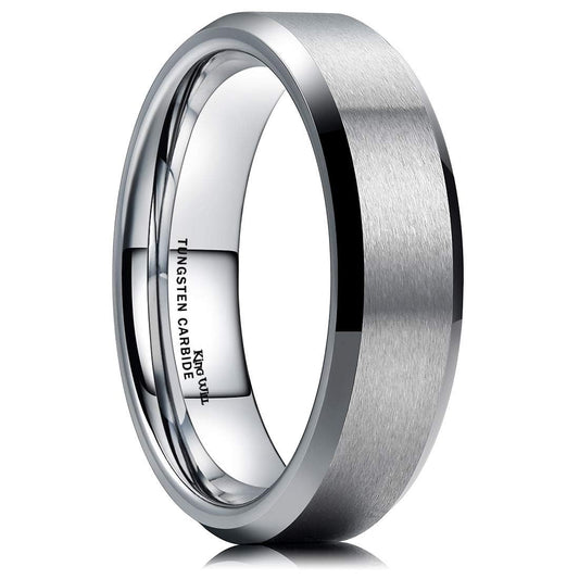 King Will 6mm Men's Silver Wedding Ring - Brushed Matte Surface, Beveled Polished Edge, Comfort Fit Size6
