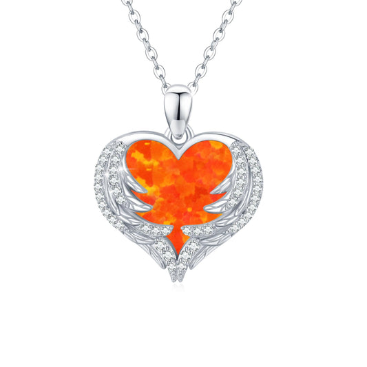 CUOKA MIRACLE Heart Necklace Angel Wing Heart Opal Necklace 925 Sterling Silver Women Necklace Guardian Angel Wings Pendant Necklace Dainty Opal Jewelry Birthday Gifts for Mom Women (Orange Opal Wings)