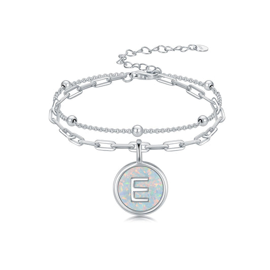 LWQQWL Initial E Bracelet for Women 925 Sterling Silver Layered Initial Bracelet Opal Letter 26 Alphabet Jewelry Christmas Gifts