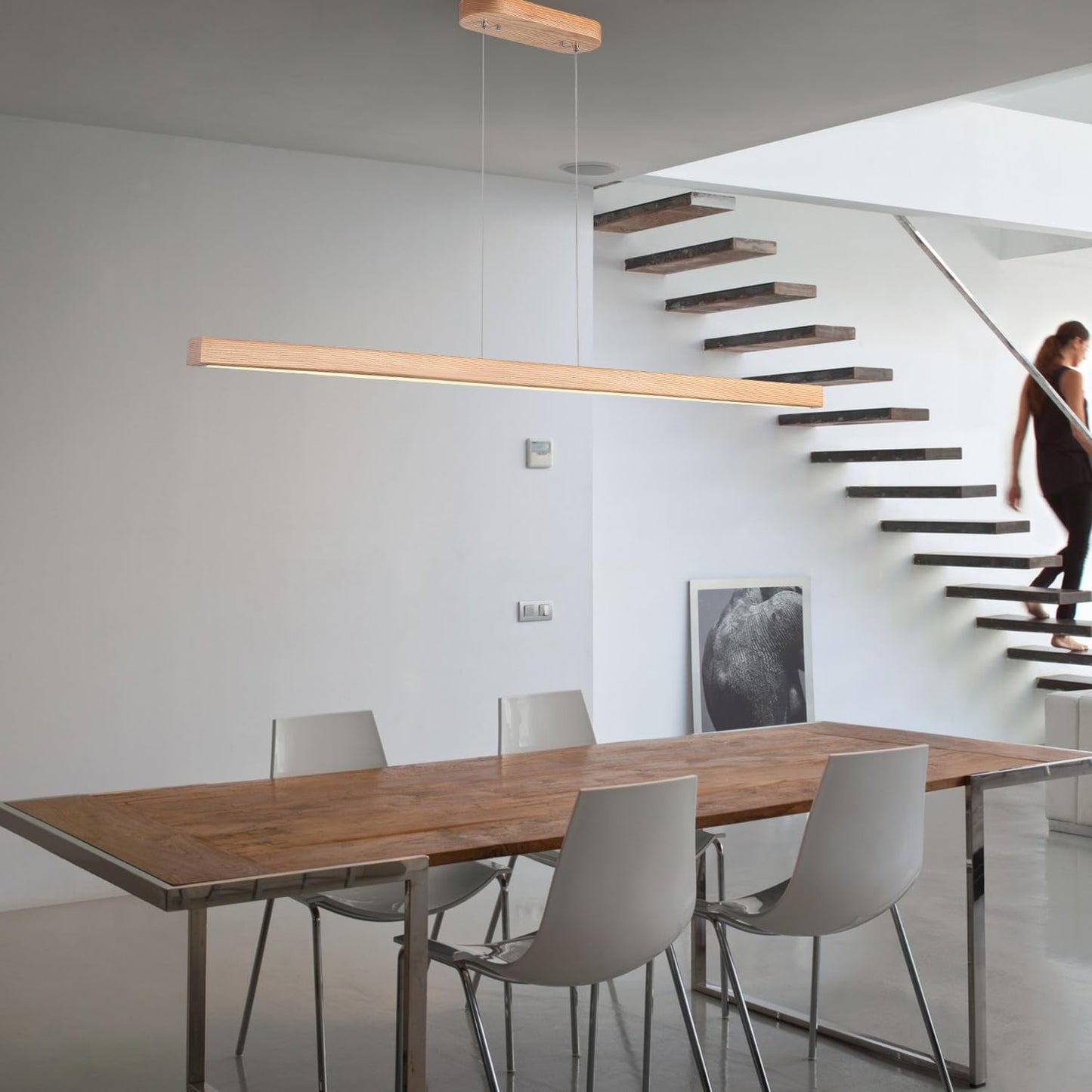 71" Wooden Linear Pendant Light LED Pendant Lights Dimmable Pool Table Island Lights Modern Linear Chandeliers for Dining Room Kitchen Ceiling Pendant Lamp for Kitchen Island Billiard Room Natural