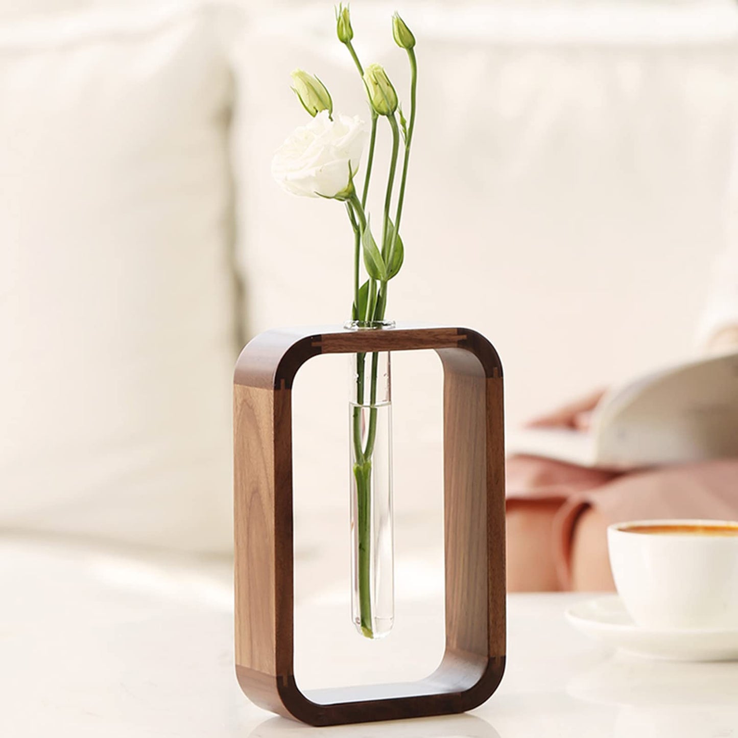 TREELF Transprent Glass Vase Test Tube Vase Hydrophilic Plants Vase Plant Holder Walnut Wooden Frame Flower Stand Table Garden Bonsai Decor,Gifts for Women, Home Office Decor Planter (Small)