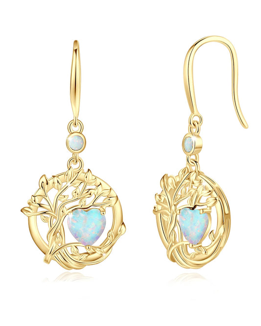 FANCIME Tree of Life Earrings 925 Sterling Silver Yellow Gold Plated Opal Dangle Drop Gemstone Earring October Birthstone Fine Jewelry Birthday Mothers Day Gifts for Mom Her Women