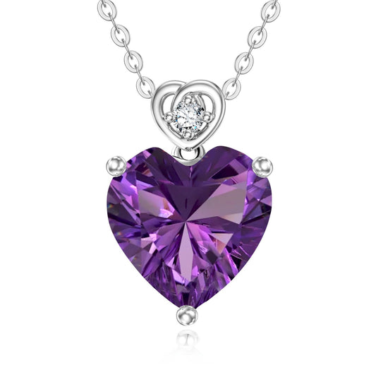 NFYBD 14k White Gold Love Heart Amethyst Birthstone Pendant Necklace for Women 3 Carat Heart-cut Created Gemstone Anniversary Birthday Mother's Day Necklaces for Her-feb