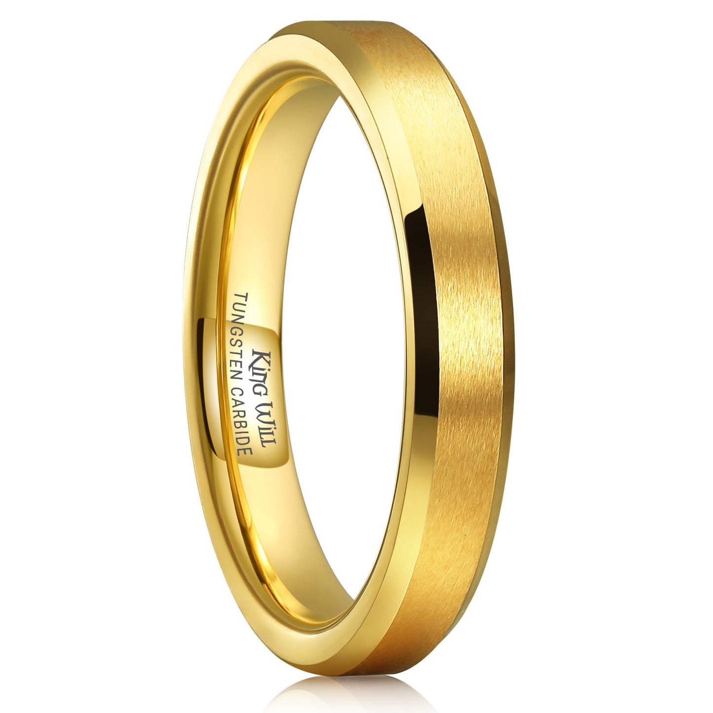 King Will 4mm Gold Tungsten Wedding Band Basic Wedding Ring For Men with Brushed Matte Surface Beveled Polished Edge Comfort Fit 10