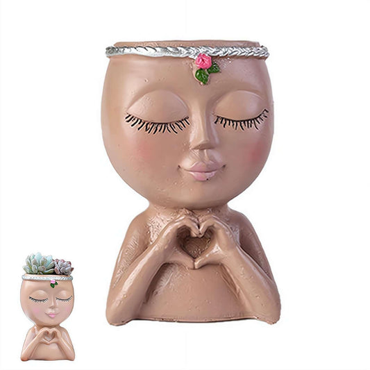 Face Planter, Head Planter, Resin Head Planters for Indoor Plants, Cute Flower Pots with Drainage, Girl Heads Flower Pots, Decorative Makeup Brush Holder Gardening Gifts for Women Mom (Coffee)