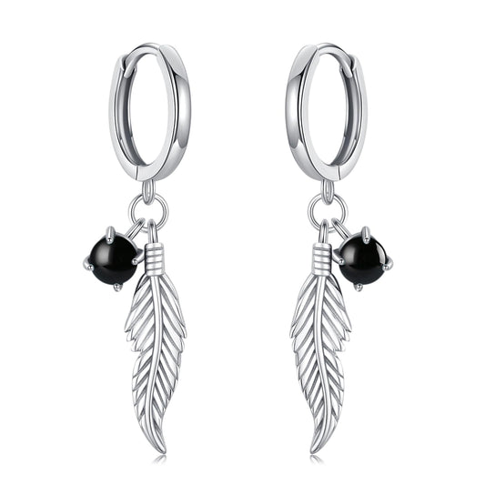 Feather Black Onyx Earrings 925 Sterling Silver Black Onyx Dangle Drop Earrings Feather Jewelry Bohemian Gifts for Women