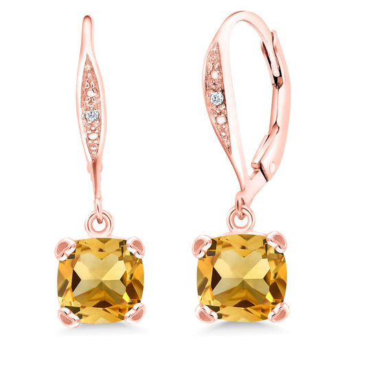 Gem Stone King Drop Dangle Earrings For Women | 7MM Cushion Cut Gemstone Birthstone and Diamond | 925 Sterling Silver | Jewelry Gift for Mom Wife Her | Citrine-November | Rose Gold