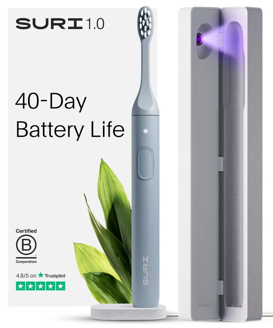 SURI 1.0 Sonic Electric Toothbrush with UV Cleaning Travel Case | 1 Month+ Battery | Designed in California | Electric Toothbrush for Adults | Travel Toothbrushes | Tooth Brush | Blue