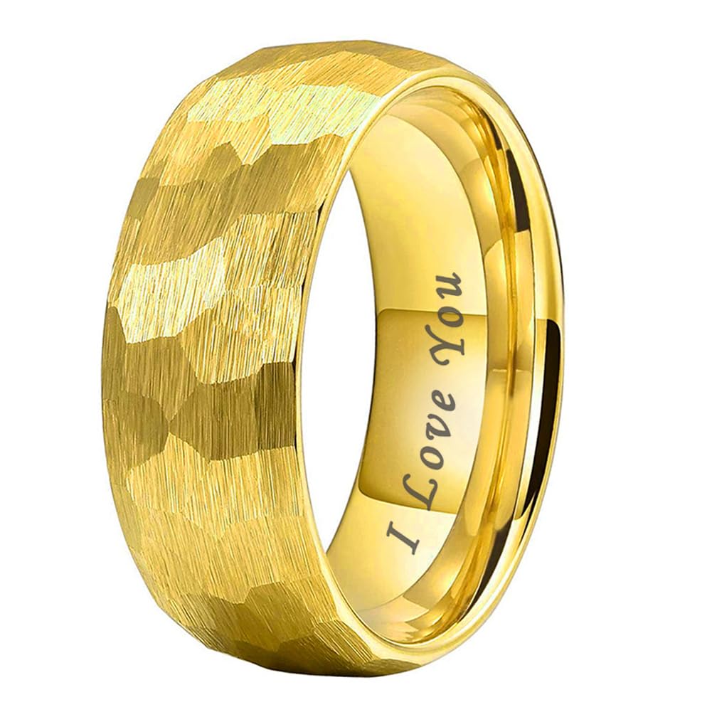 TUTISS 8mm Gold Hammered Tungsten Rings for Men Women Engagement Wedding Bands Domed I Love You Engraved Comfort Fit Size 6