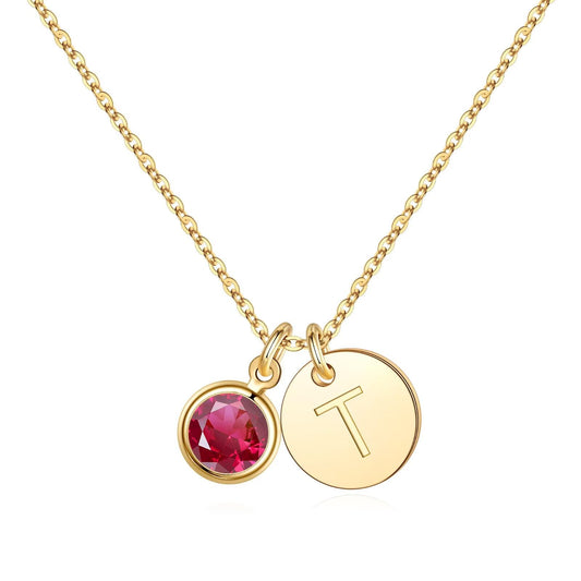 Hidepoo Birthstone Necklace for Woman- July Birthday Gift Disc Initial T Necklaces Birthstone Jewelry Mothers Day Gifts for Women Mom Wife Present