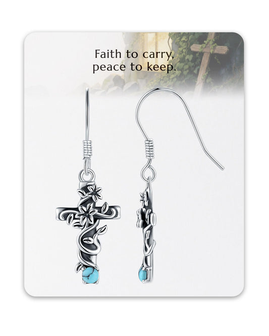 S925 Sterling Silver Turquoise Dragonfly Sunflower /Hummingbird/Butterfly/Cross/Anchor Earring Vintage Bohemian Jewelry Natural Drop/Stud Earrings Birthday Jewelry Gifts for Women (Teardrop Turquoise Cross Earrings)