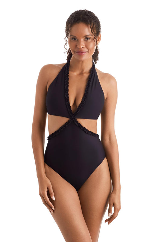 Mimi Flamingo Women's Swimwear Soleil Solids Sonny Cutaway One Piece Swimsuit, Black, 08