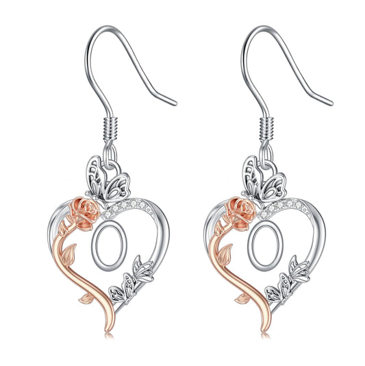 TOUPOP Rose Heart Initial Earrings Sterling Silver Butterfly Earring Initial O Letter Drop Dangle Earrings Jewelry Anniversary Birthday Mothers Day Gifts for Women Mom Wife Girlfriend Her