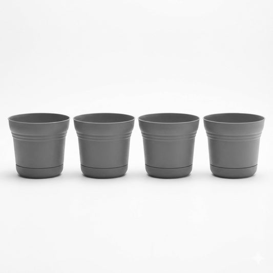 Bloem Saturn 5" Round Plastic Planter - Indoor/Outdoor, Snap-in Saucer & Drainage Holes, Charcoal, 4-Pack