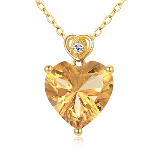 NFYBD 14k Gold Love Heart Citrine Birthstone Pendant Necklace for Women 3 Carat Heart-cut Created Gemstone Anniversary Birthday Mother's Day Necklaces for Her 16+1+1 inch-Nov