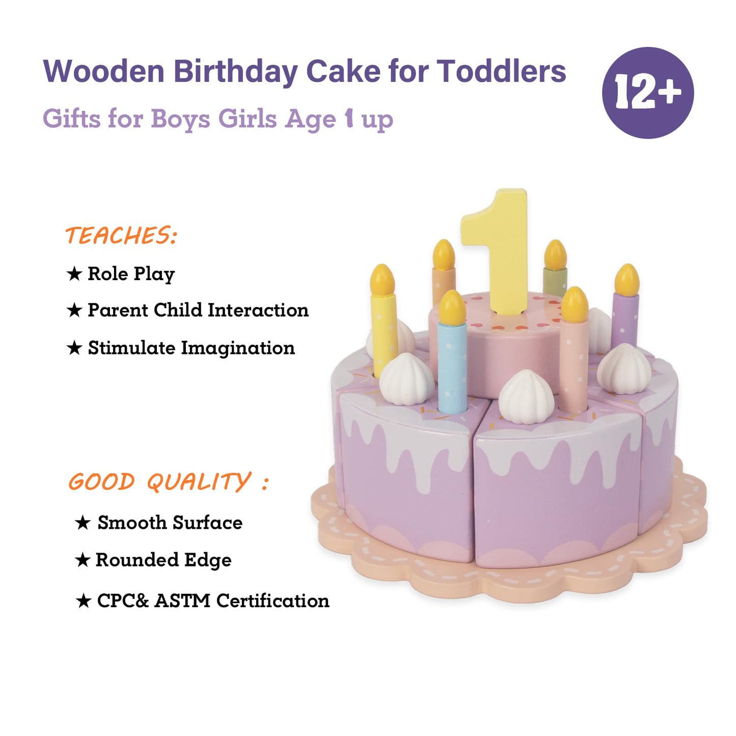 WoodenEdu Pretend Play Food for Toddlers 2-5,Wooden Birthday Fake Cake with Candles and Numbers,Tea Party Learning Kitchen Gift Toys for Boys Girls (Cream Cake)