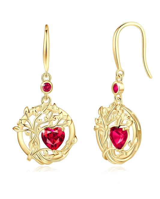 FANCIME Tree of Life Earrings 925 Sterling Silver Yellow Gold Plated Ruby Dangle Drop Red Gemstone Earring July Birthstone Jewelry Birthday Mothers Day Gifts for Mom Her Women