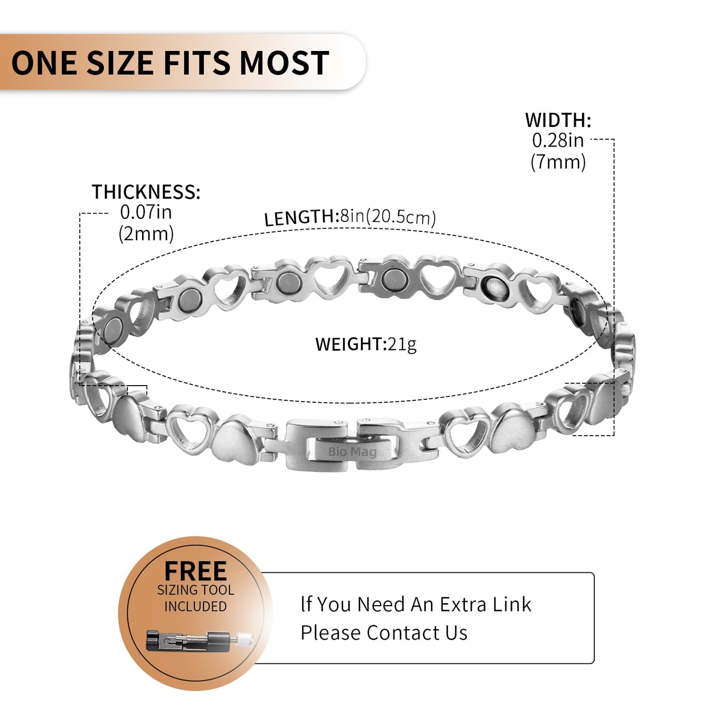 BioMag Magnetic Bracelet for Women,Titanium Steel Wristband Brazaletes Solid Pure Copper Valentine's Day Gift for Her Jewelry Gift with Adjustable Tool Birthday Gifts (Silver)
