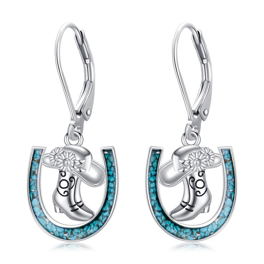 YYmqmq Cowboy Boot Earrings 925 Sterling Silver Turquoise Horseshoe Dangle Earrings Laverback Western Jewelry Christmas Gifts for Women Cowgirl