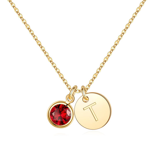 Hidepoo Initial Birthstone Necklaces for Women - Personalized Mothers Day Birthday Gift for Her Wife Sister Grandma Mom, January Garnet Birthstone Jewelry for Woman, Disc Letter T Necklace