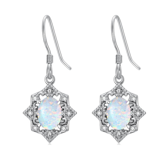 MOTIEL Vintage Opal Dangle Earrings for Women 925 Sterling Silver Genuine Opal Dangle Drop Earrings with Diamond October Birthstone Jewelry Gift for Mother Wife - Style B