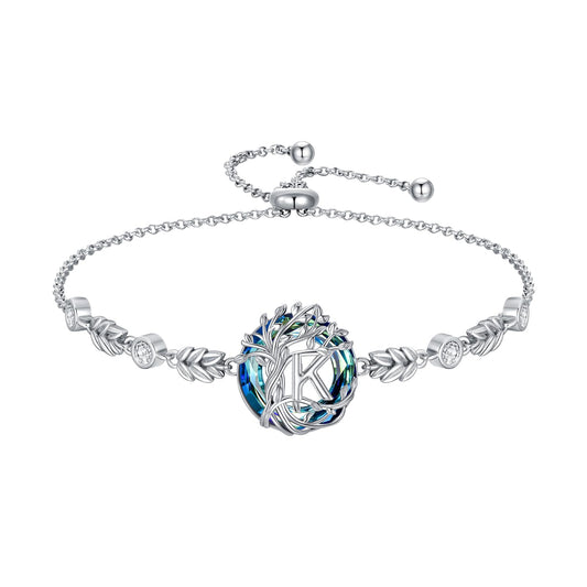 TOUPOP Tree of Life Initial Bracelet Sterling Silver Initials K Letter Link Bracelets Blue Circle Crystal Family Tree Birthday Mothers Day Jewelry Gifts for Women Mom Wife