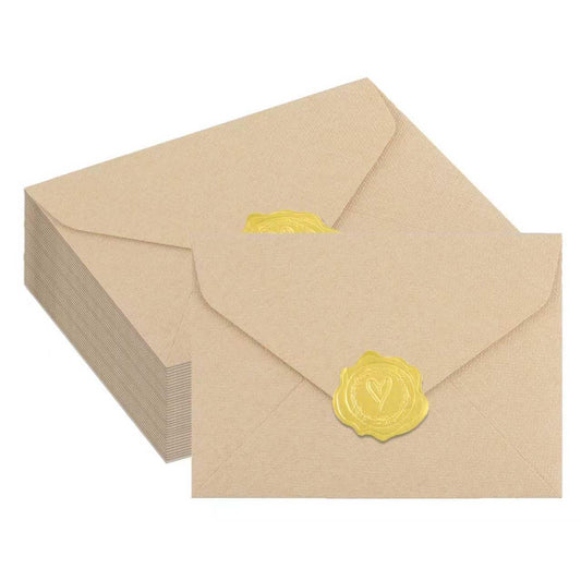 Discbind 50 Pack 4x6 Khaki Linen Envelopes with Gold Wax Seals - Handmade Look A6 Vintage Envelopes & Self-Adhesive Seal Stickers for Greeting Cards, love letter, Wedding, Party Invitation
