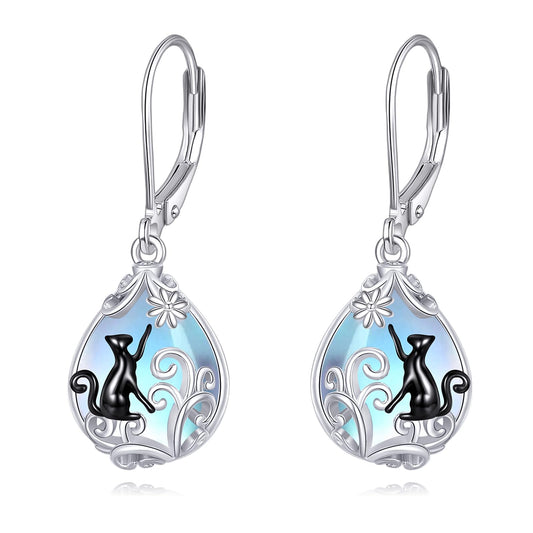 POPLYKE Moonstone Cat Teardrop Drop Dangle Earrings Sterling Silver Leverback Earrings Moonstone Jewelry Gifts for Women