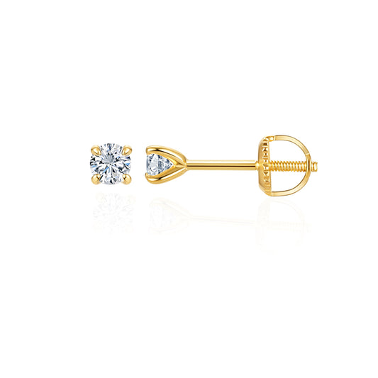 Lab-Grown Diamond Stud Earrings in Hypoallergenic 925 Sterling Silver, Screw Back, 1/5 to 2 1/2 Cttw, Round Princess Cushion Cut, 4 Prong, G-H Color, SI Clarity (14k Yellow Gold Plated, 0.2 cttw (0.1ct each)-3.0mm, White Round Diamond)