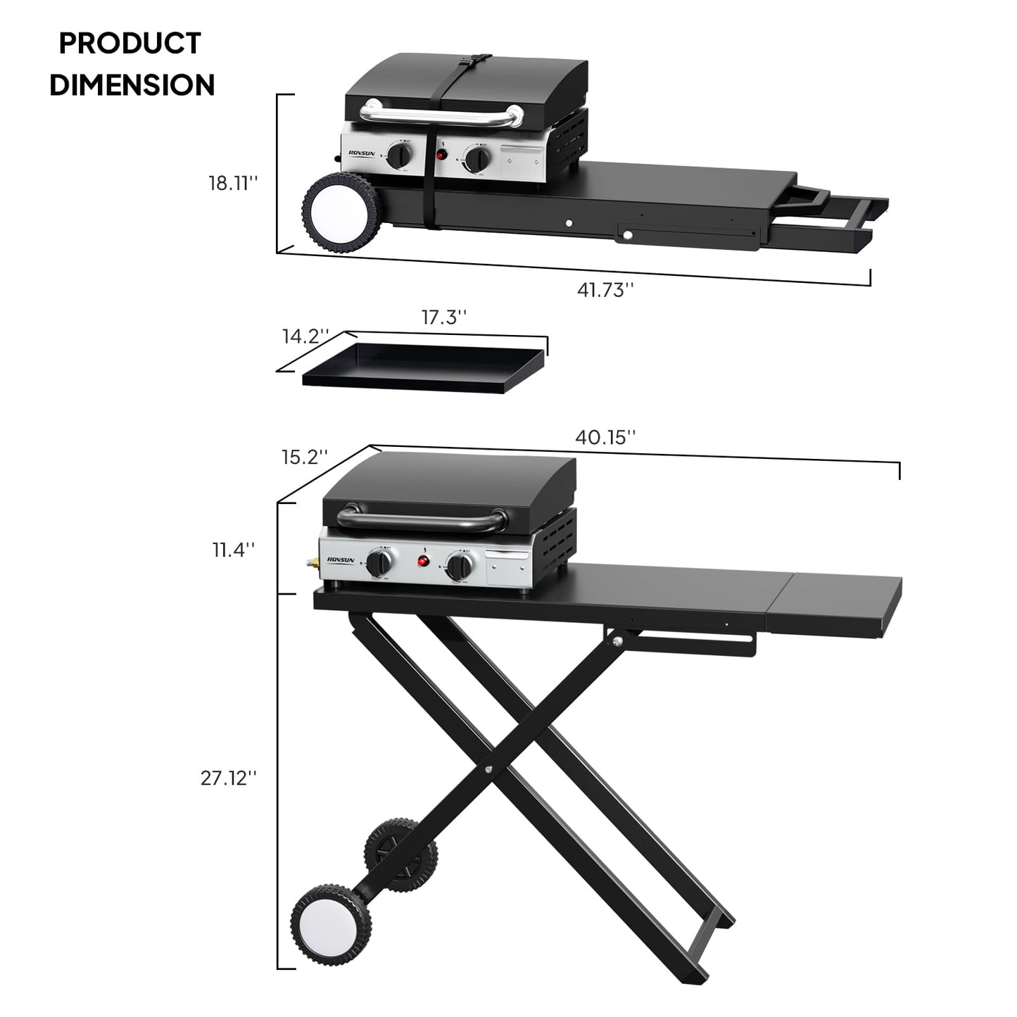 ROVSUN 2 Burner Foldable Propane Griddle with Wheels, Enameled Tray & Lid, 20000 BTU Portable Rolling Flat Top Gas Grill with Electronic Ignition & Regulator for Outdoor Cooking Camping BBQ Tailgating