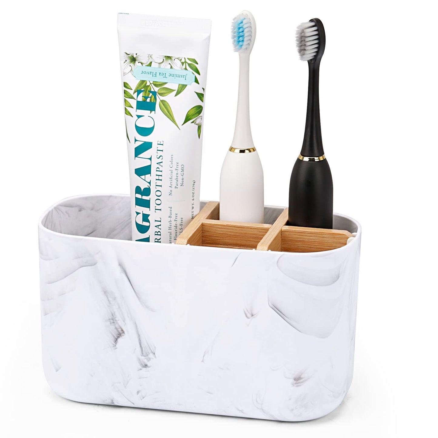Toothbrush Holders for Bathrooms, 5 Slots Bamboo Toothbrush Holder Kids Electric Toothbrush Holder and Toothpaste Holder for Bathroom Countertop Accessories Storage, Marble Toothbrush Organizer