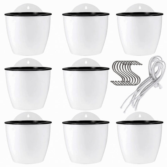 JAPCHET 8 Pack 7 Inch Self Watering Hanging Planters, Wall Hanging Plastic Planter Pot with 8 Hooks, Lazy Flower Pots for Indoor Outdoor Window Wall Plants, White