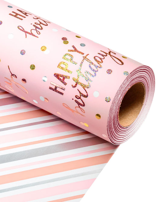 MAYPLUSS Birthday Wrapping Paper Roll, Pink Metallic Holographic Happy Birthday Wrapping Paper Featuring Revesible Stripe Gift Wrap Paper for Girls Boys Kids Men, 17 Inches x 33 Feet