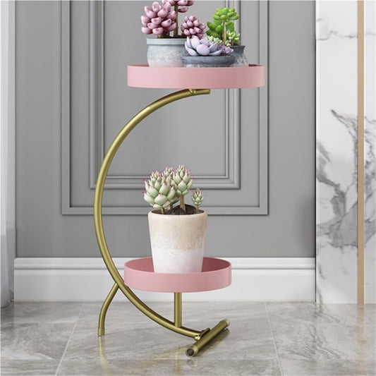 VyhPJg Modern Double-Layer Tray Flower Stand, Floor-Standing Flower Pot Rack, Metal Storage Rack, Suitable for Living Room, Indoor TV Side, Balcony(Pink)