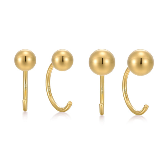 CHIC & ARTSY 18k Gold Plated Sterling Silver 4mm 5mm Ball Half Hoop Earrings Set, 2 Pairs Sleep Earrings for Women, Hypoallergenic Comfort Fit Everyday Stacking Huggies
