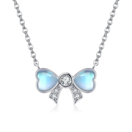 YAFEINI Bow Necklace 925 Sterling Silver Moonstone Bowknot Pendant Ribbon Mother's Day Jewelry for Women Mom