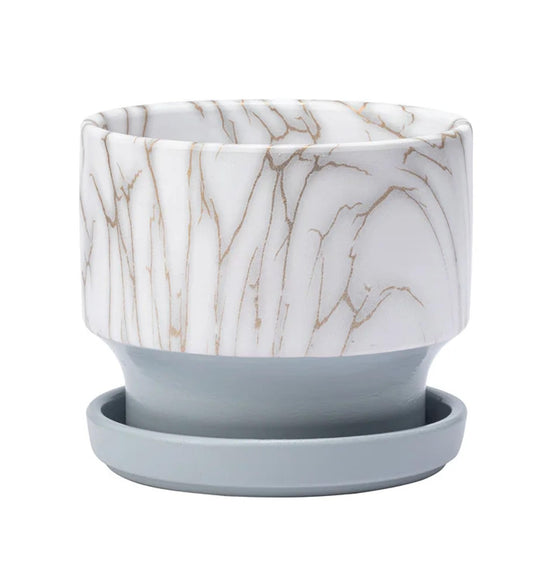 Napco White Gold Faux Marbled Pattern 5.25 x 5.25 x 4.5 inches Grey Ceramic Flower Succulent Plant Pot Planter Container Holder with Saucer Tray, Indoor Outdoor Garden Décor