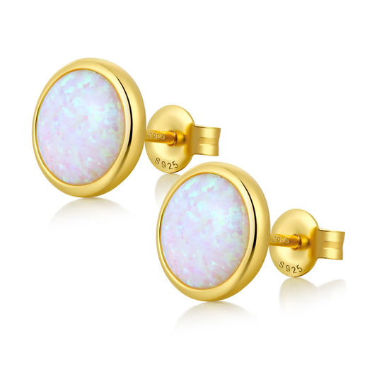 JiayangJY Silver Whie Fire Opal Stud Earrings for Women Sterling Silver Round Shape 6mm Opal Earrings with Push Back