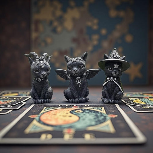 Dianreno Gothic Black Cat Figurines 3-Set - Black Cat Halloween Decoration,Cat Figurines with Magical Themes Such as Pentagram Elements(3.93-4.13" H) - Gift for Cat Lovers