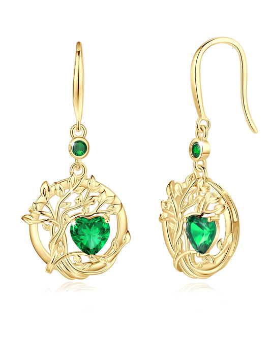 FANCIME Tree of Life Earrings 925 Sterling Silver Dainty Yellow Gold Plated Emerald Dangle Drop Green Gemstone Earring May Birthstone Fine Jewelry Birthday Mothers Day Gifts for Her Women