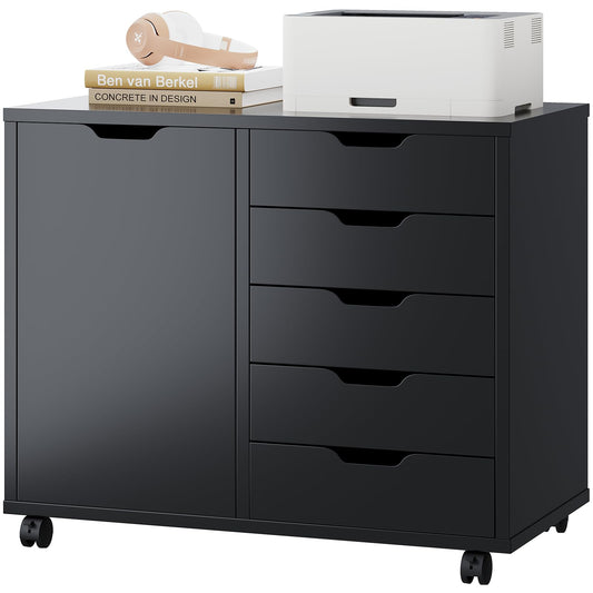 DUMOS 5 Drawer File Cabinet Office Drawers Organizer with Wheels Rolliing, Under Desk Cabinets with Shelves and Door Printer Stand with Wood Board Metal Frame for Home Office Storage Craft Room, Black