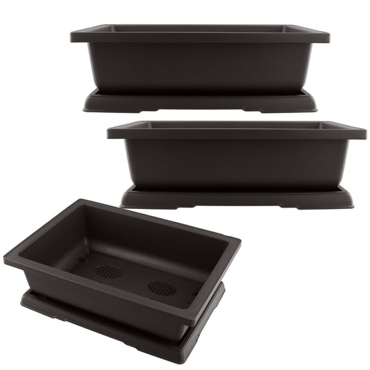 TAICHEUT 3 PCS 14 Inches Plastic Bonsai Training Pots, Rectangular Bonsai Tree Pots with Trays, Large Plastic Bonsai Container for Indoor, Outdoor