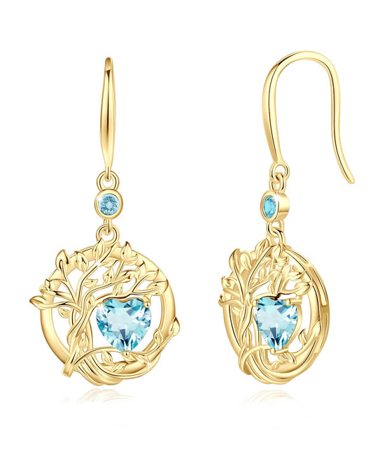 FANCIME Tree of Life Earrings 925 Sterling Silver Yellow Gold Plated Aquamarine Dangle Drop Blue Gemstone Earring March Birthstone Fine Jewelry Birthday Mothers Day Gifts for Women Her
